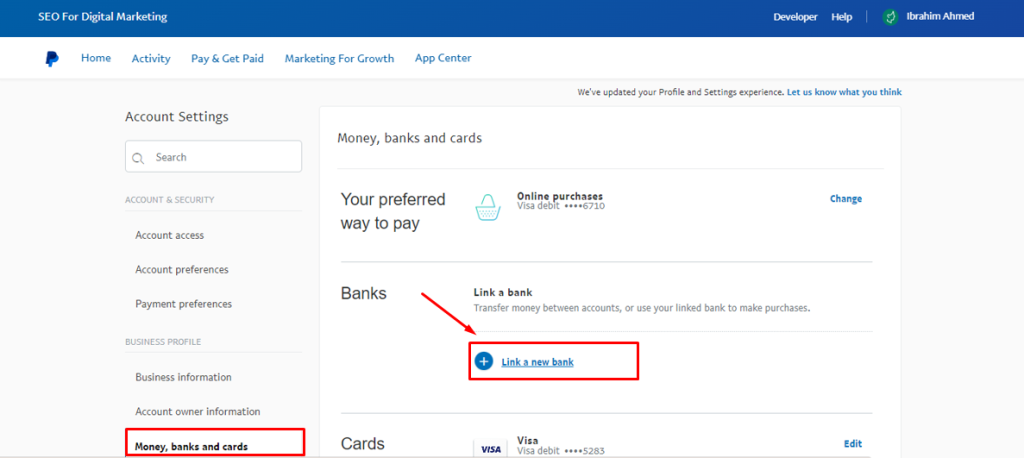 كيفية ربط الحساب البنكي بحساب باي بال
